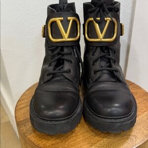 Valentino Black Combat Boots with Gold Logo Buckle